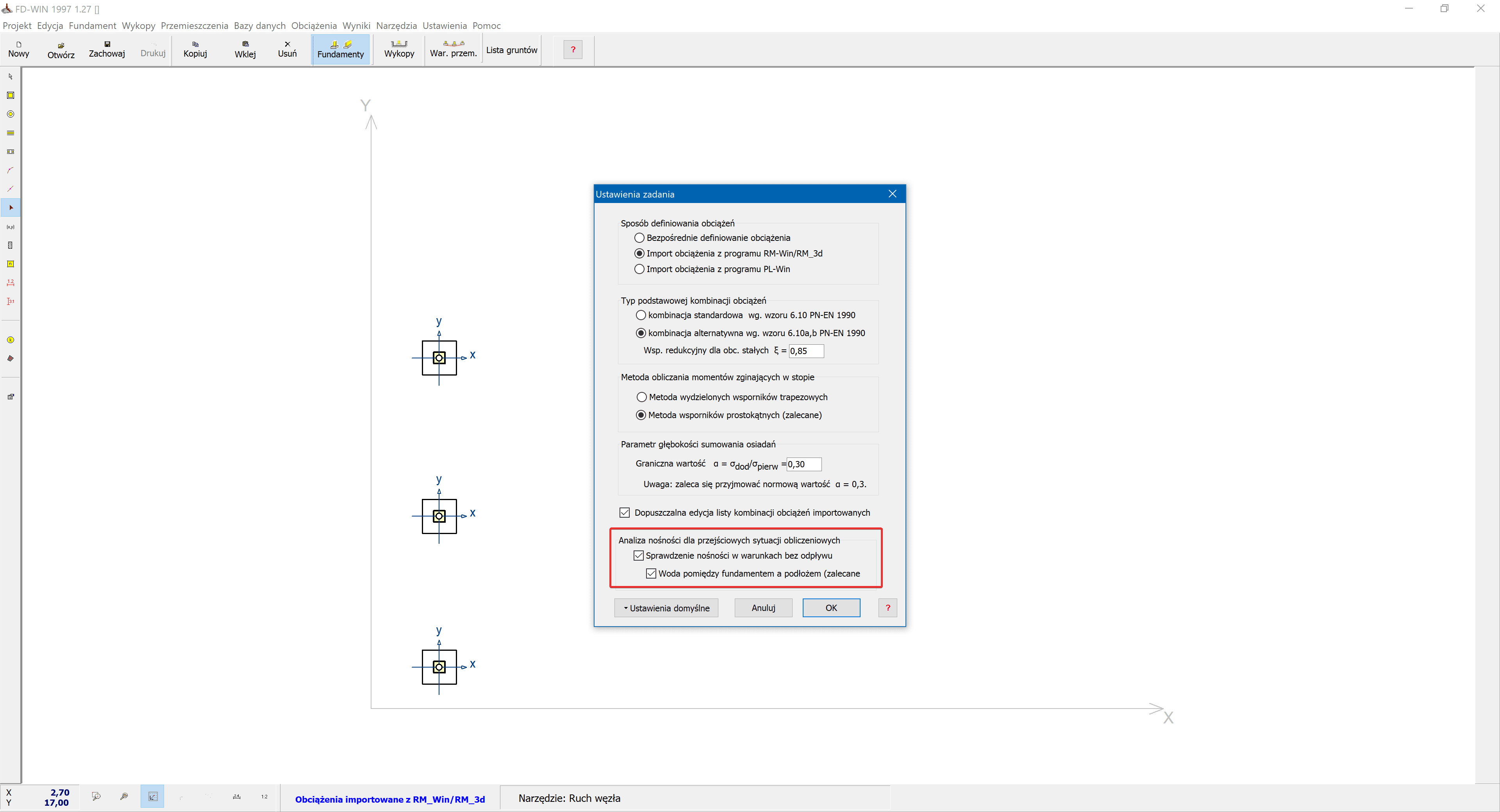 ustawienia zadania, warunki bez odpływu