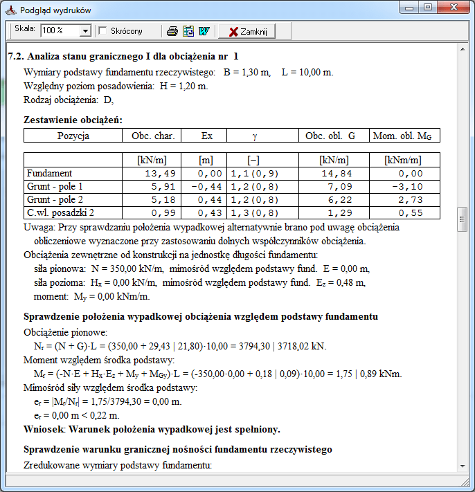 dokumentacja, wyniki wymiarowania fundamentu