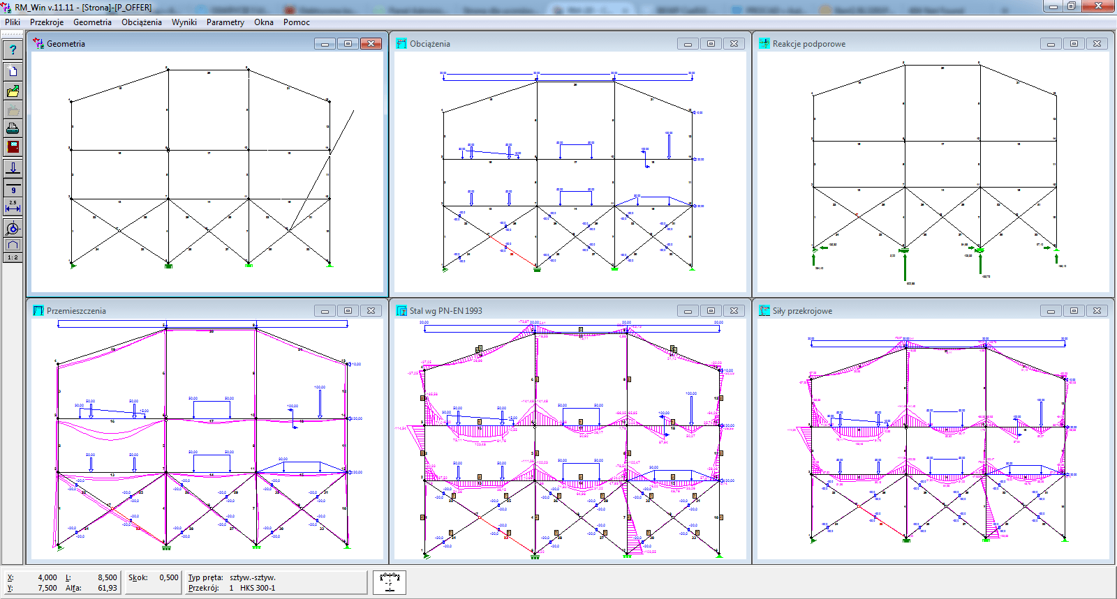 geometria, obciążenia, reakcje podporowe, siły przekrojowe, przemieszczenia