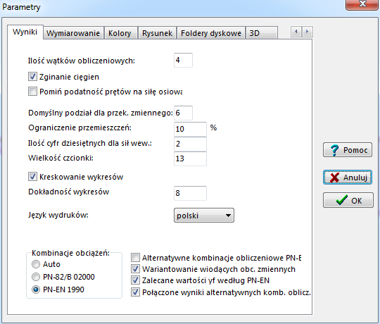 ustawienia programu, wyniki