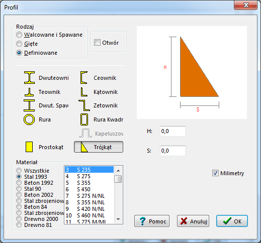rodzaje profili dla przekrojów złożonych