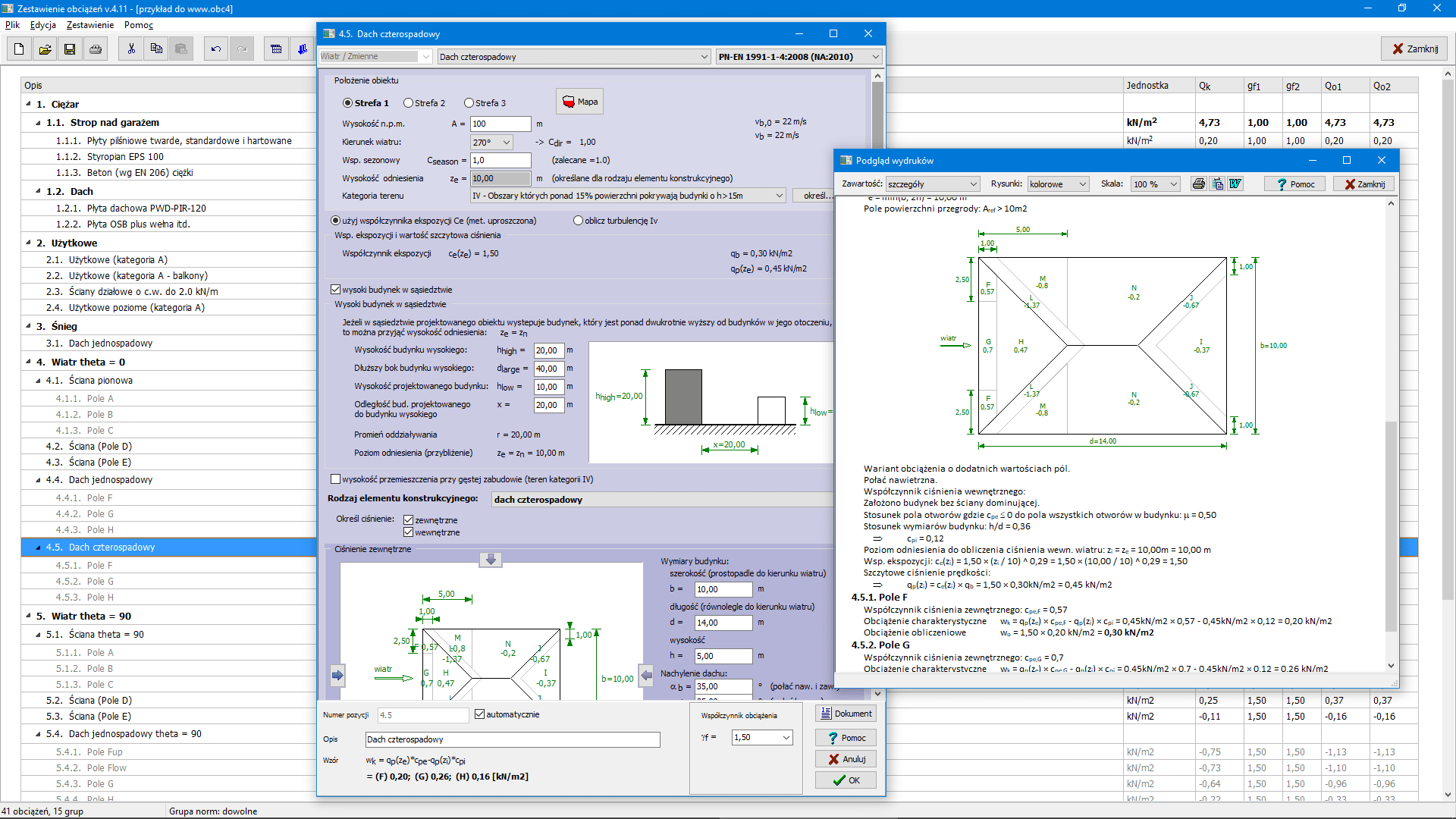 obciążenie wiatrem, dach czterospadowy, Eurokod 1